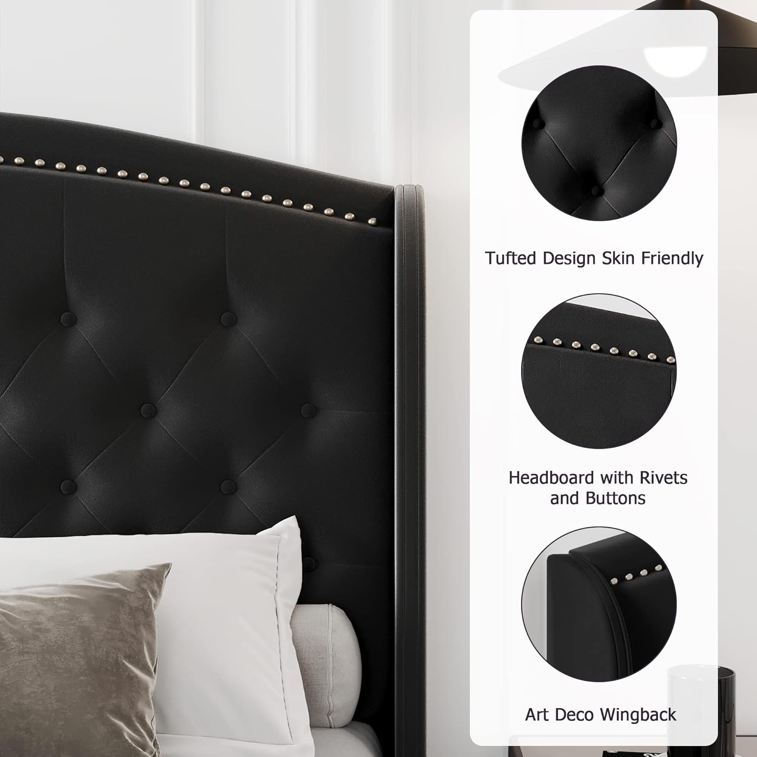 Assile Base de cama Queen con cabecera tapizada, cama de plataforma con respaldo de alas con terciopelo suave y diseño copetudo, listones de madera