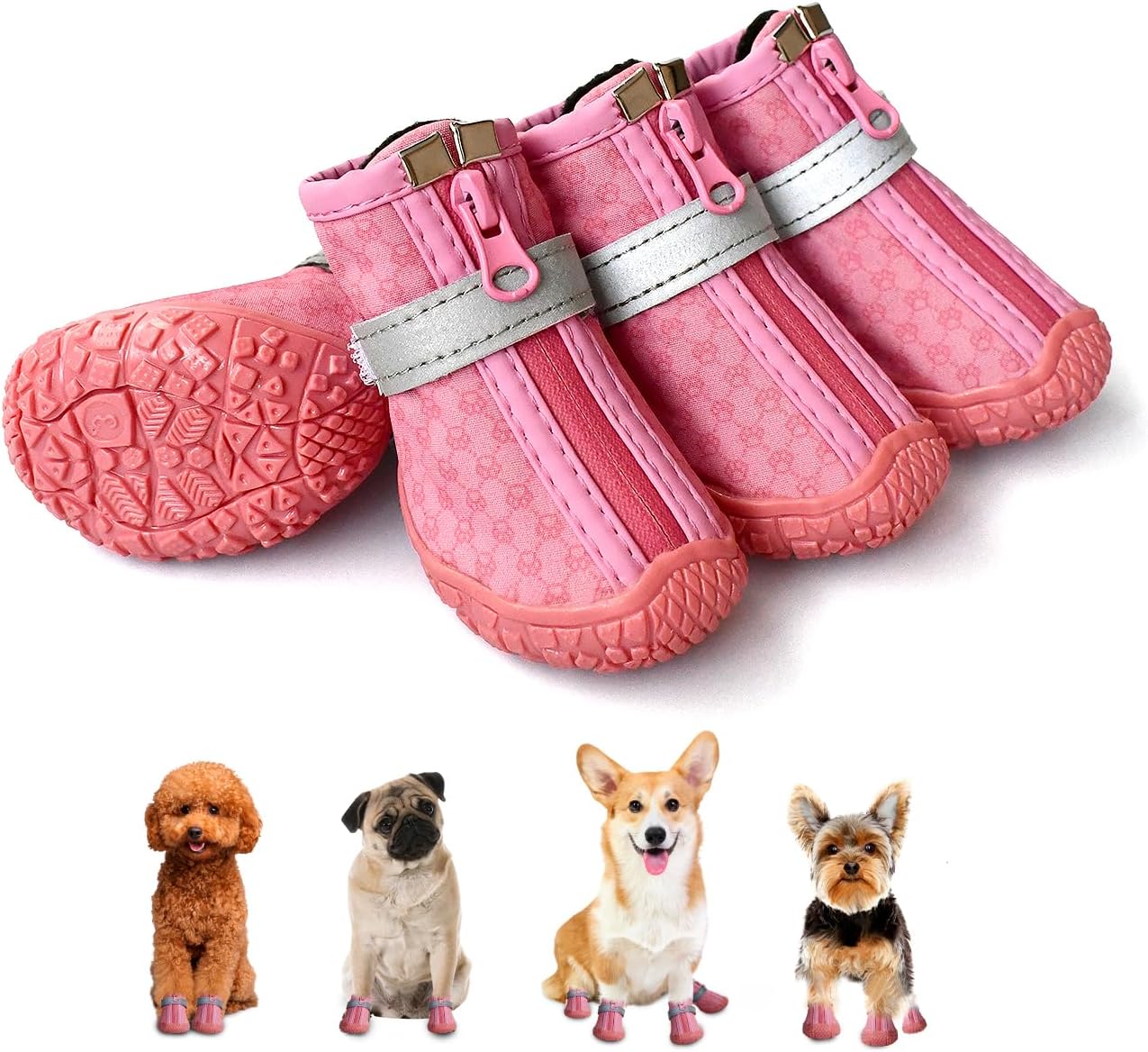 Zapatos rosas para perros pequeños, botas antideslizantes para perros con tiras reflectantes, protectores de patas de cachorro para exteriores,