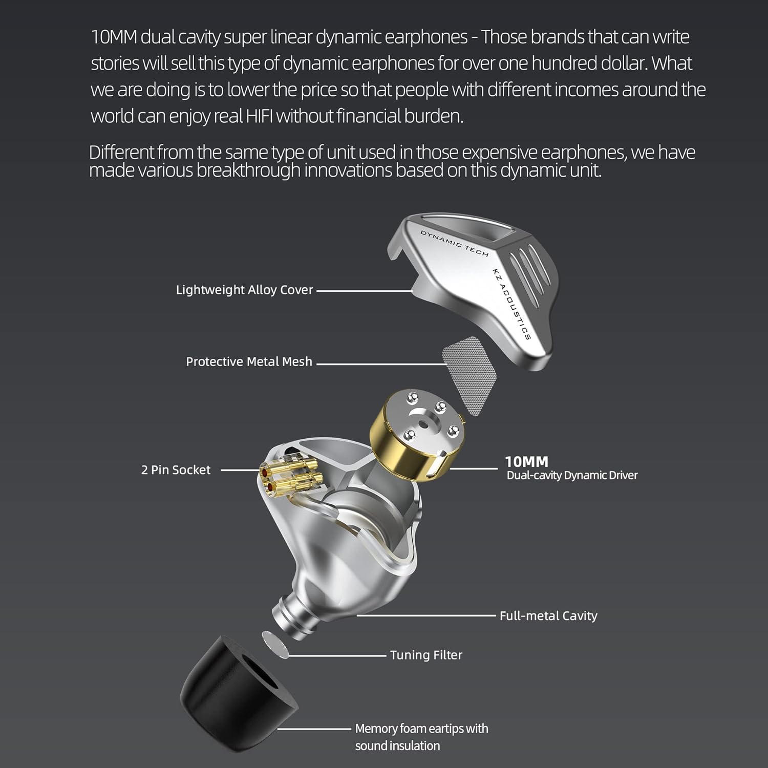 KZ ZVX – Auriculares con cable, auriculares intrauditivos con micrófono, controlador dinámico lineal de doble cavidad de 0.394 pulgadas, auriculares