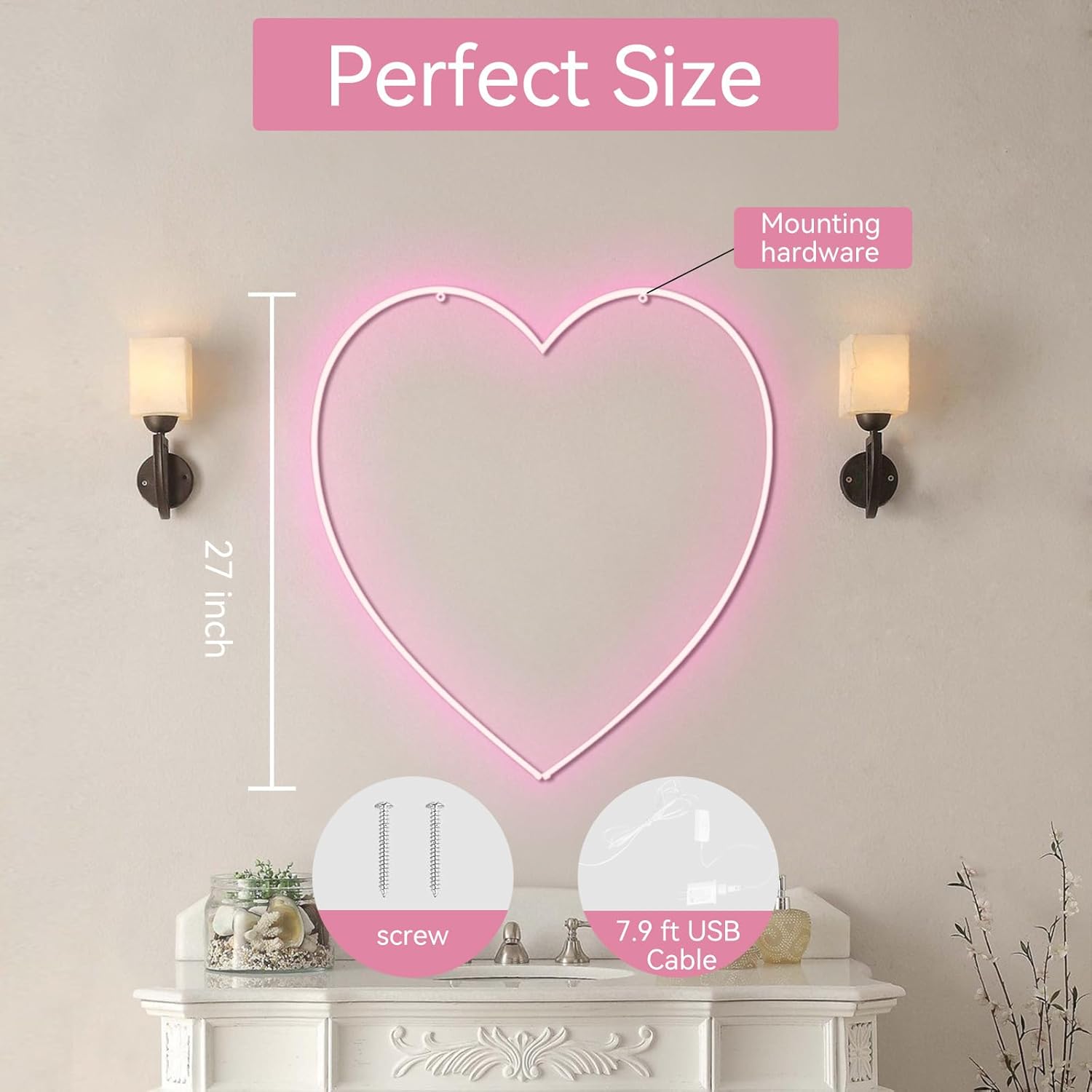 Letreros de neón de corazón para decoración de pared decoración de lámpara de luz LED rosa con alimentación USB, decoración de mesa y pared para el