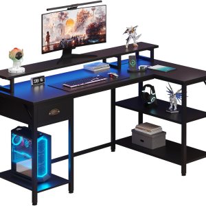 Shintenchi Escritorio para computadora en forma de L de 50 pulgadas con estantes y cajón de almacenamiento de 3 niveles, escritorio reversible para Shintenchi Escritorio para computadora en forma de L de 50 pulgadas con estantes y cajón de almacenamiento de 3 niveles, escritorio reversible para