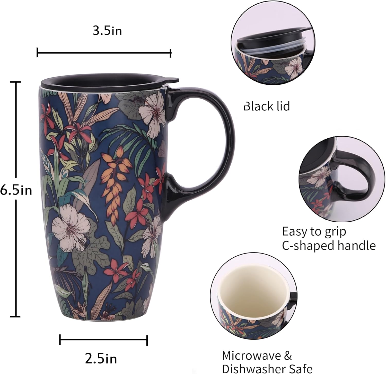 Topadorn Taza de café de cerámica para regalo con tapa de 17 onzas, taza de té alta de porcelana con asa para el hogar y la oficina, taza con patrón