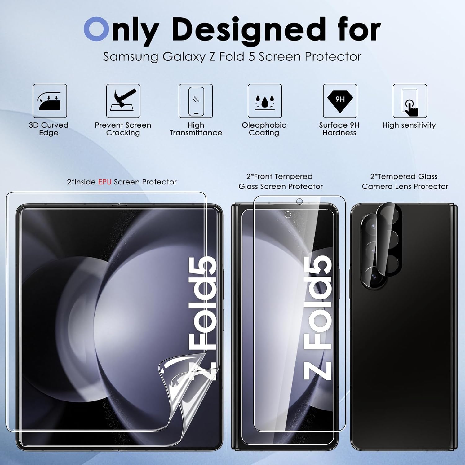 Paquete de 6 protectores de pantalla para Samsung Galaxy Z Fold 5, protector de pantalla frontal de vidrio templado + protector de pantalla interior
