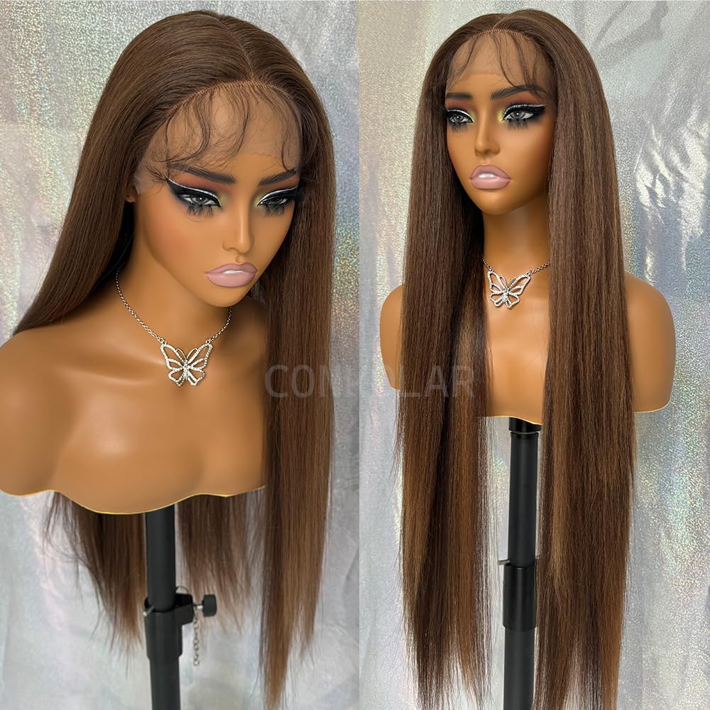 Pelucas de encaje frontal sintético lacio marrón, sin pegamento, línea de cabello natural, con reflejos marrones, pelucas de encaje sintético marrón