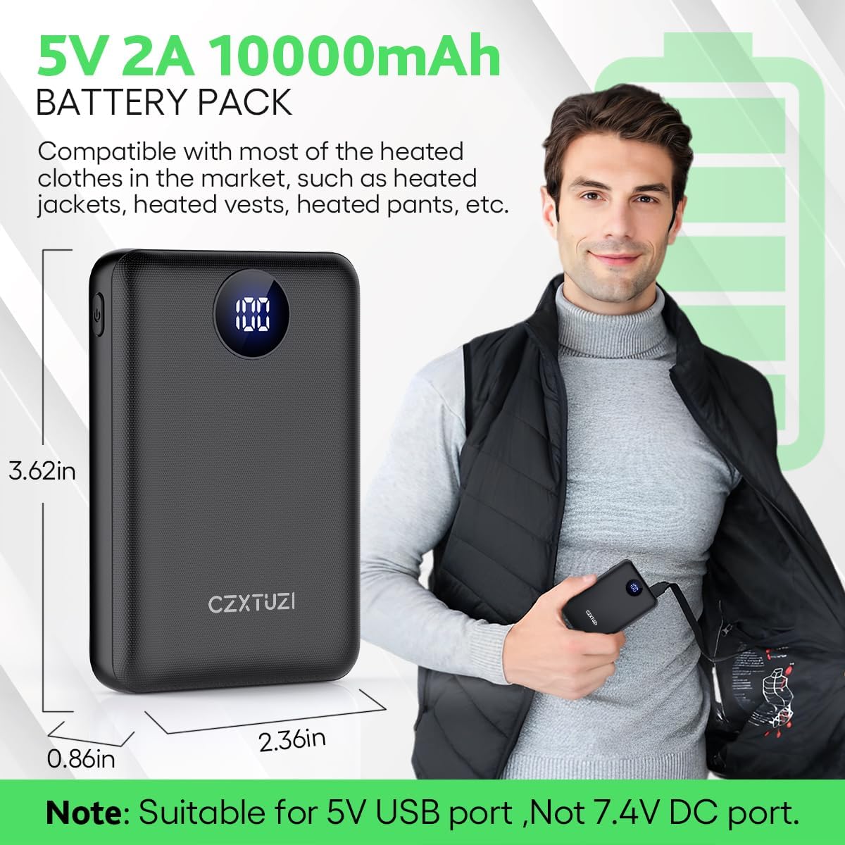 CZXTUZI Paquete de batería de chaleco térmico de 5 V 2A, tamaño del paquete 10000 mAh, cargador portátil con pantalla LCD para abrigo calentado,