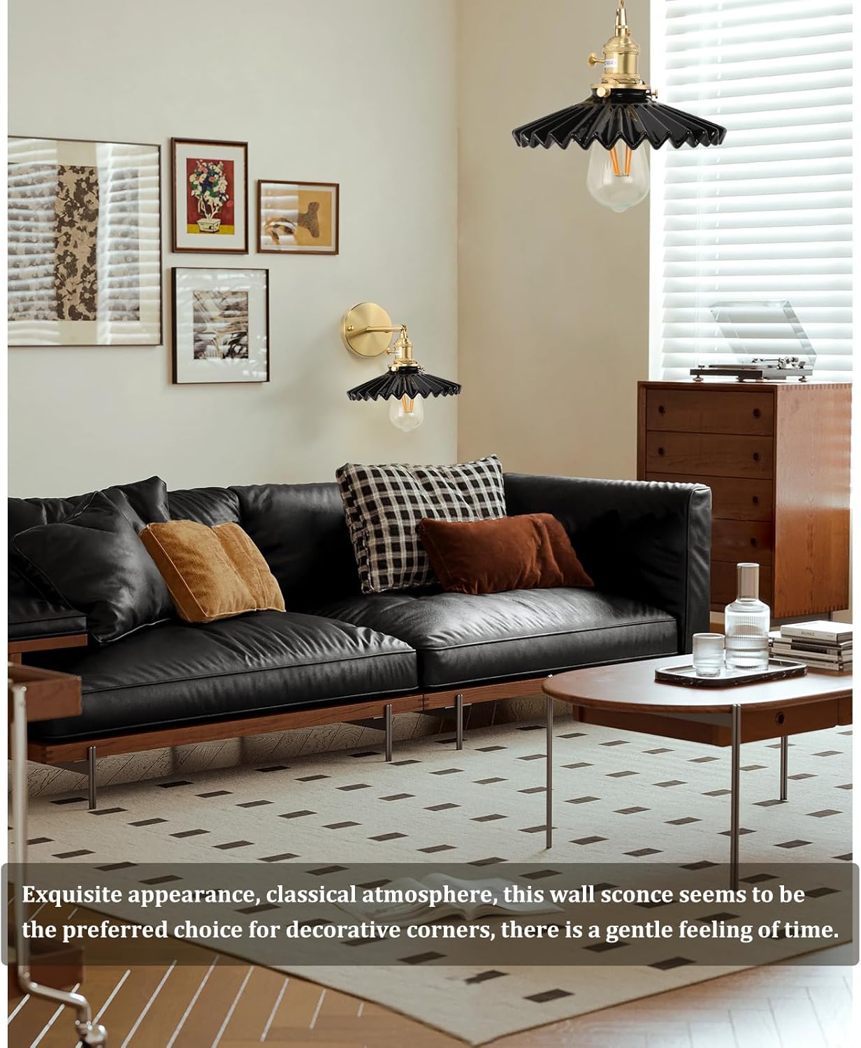 Apliques de pared vintage modernos de 1 luz con pantalla de cerámica plisada negra de 180 grados de latón ajustable con interruptor para puerta de