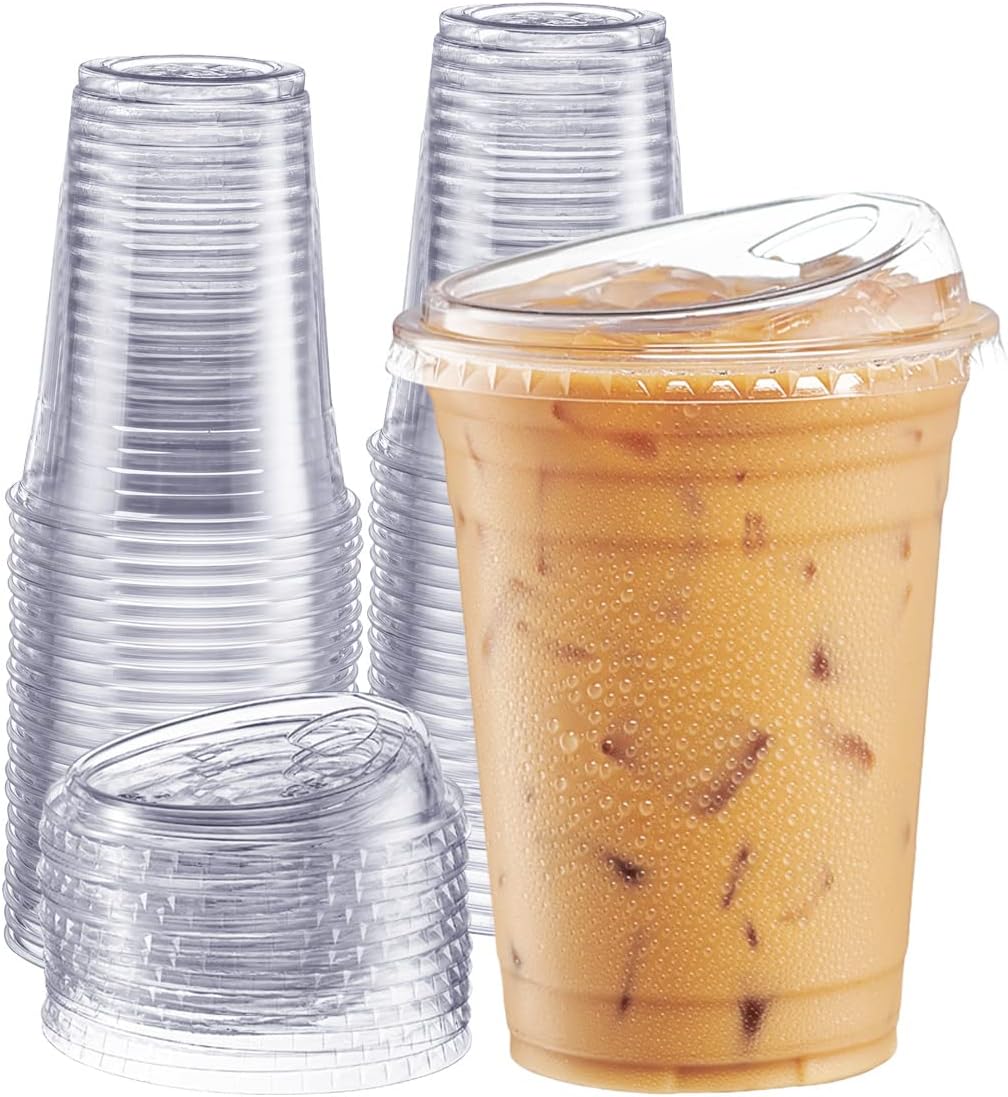 Comfy Package 100 juegos de vasos de plástico transparente con tapas sin popote