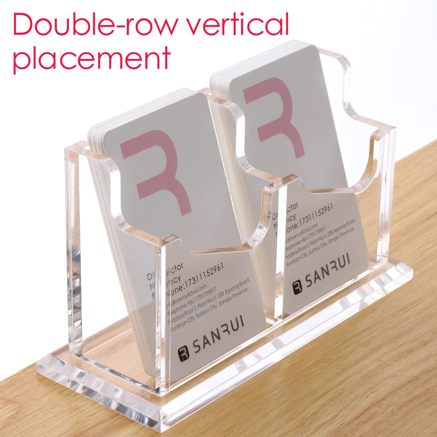 SANRUI Soporte vertical para tarjetas de visita para escritorio, soporte de acrílico transparente para tarjetas de presentación, 2 ranuras de 1