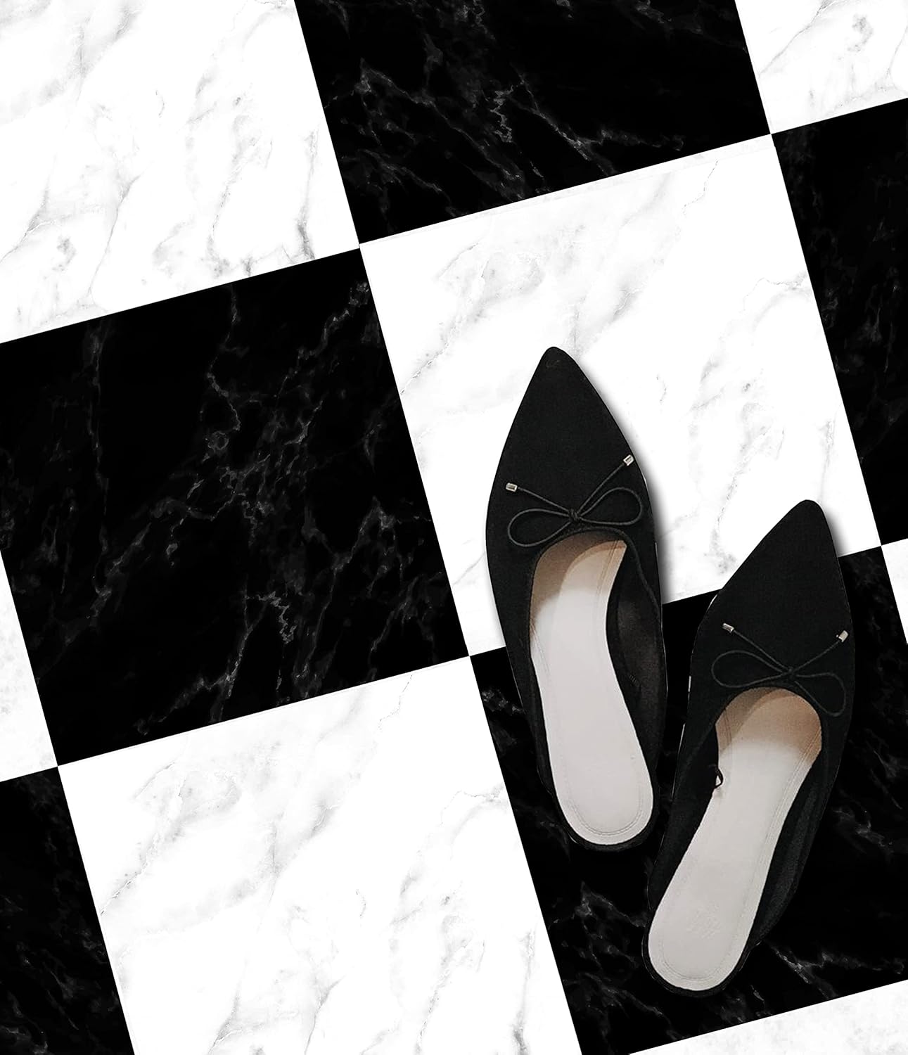 Bleucoin Adhesivos de azulejos de suelo de mármol blanco y negro sólido antideslizante para despegar y pegar para baño, cocina, suelo de lavandería,