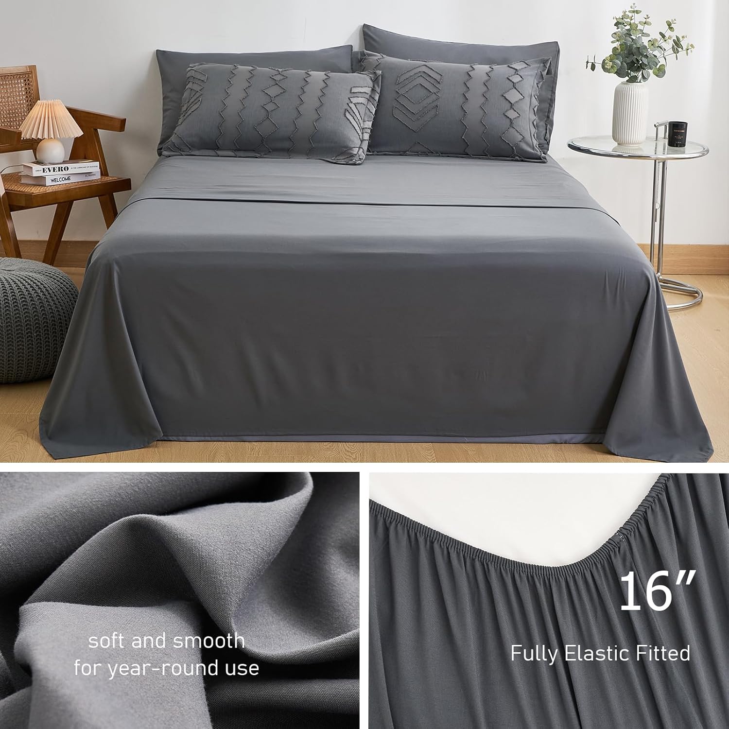 OARAGE Juego de edredón tamaño King de 7 piezas en una bolsa, color gris oscuro, juego de cama bohemio copetudo, juego de ropa de cama King con