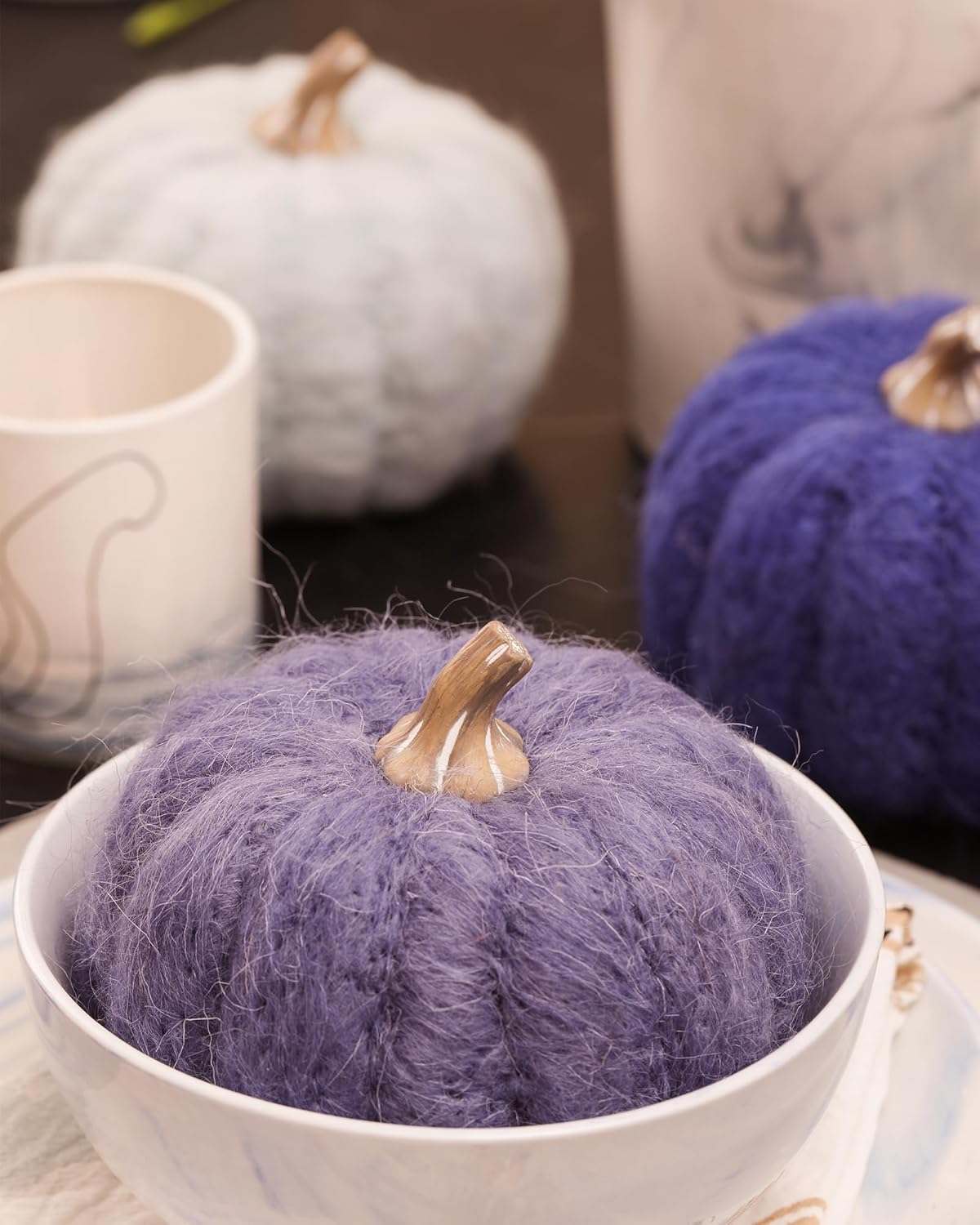 DN DECONATION 3 calabazas decorativas de calabaza, calabazas de lana azul marino para decoración, calabaza de tela pequeña como centro de mesa para