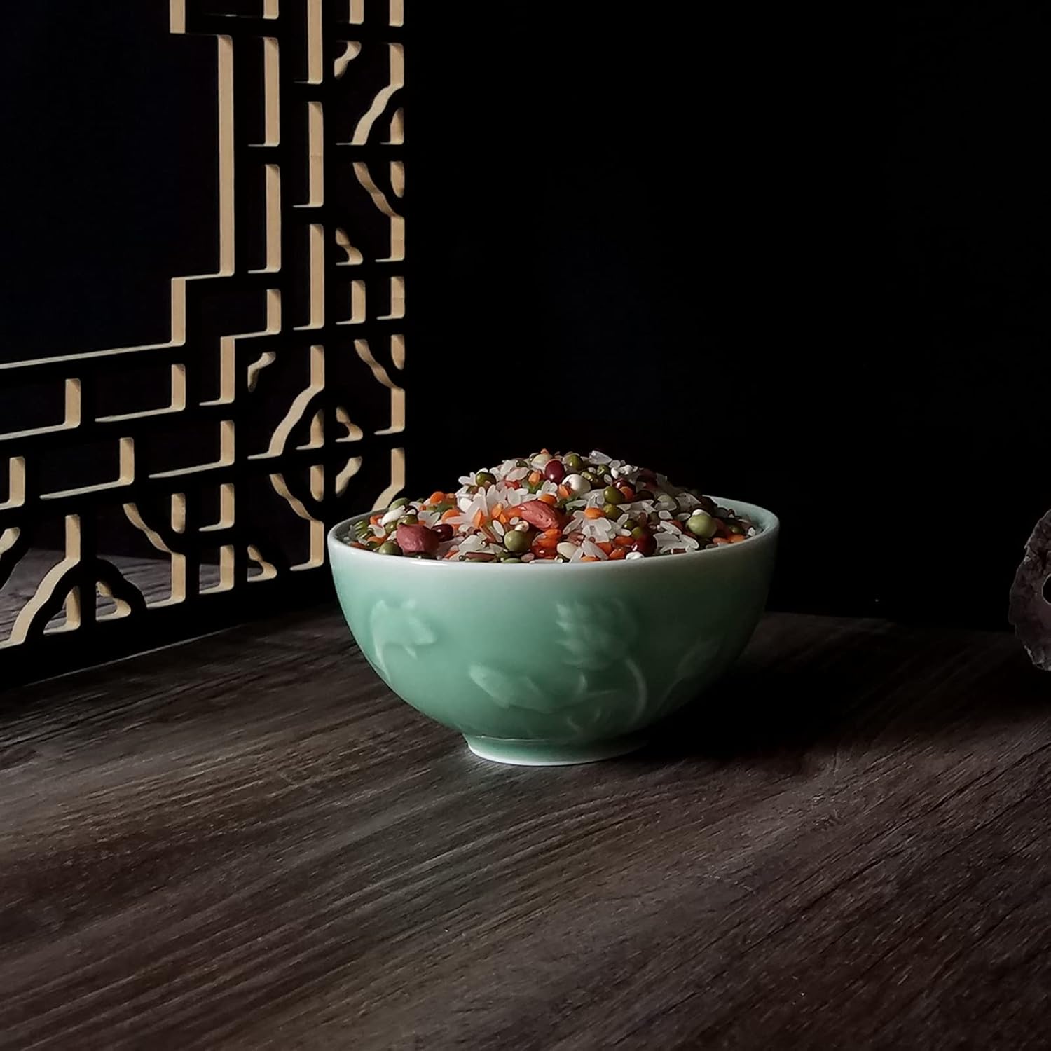 Celadon – Cuencos de cereales de porcelana de 10 onzas, 4.5 pulgadas, cuenco de arroz grabado Lotus apto para microondas y lavavajillas (4.5