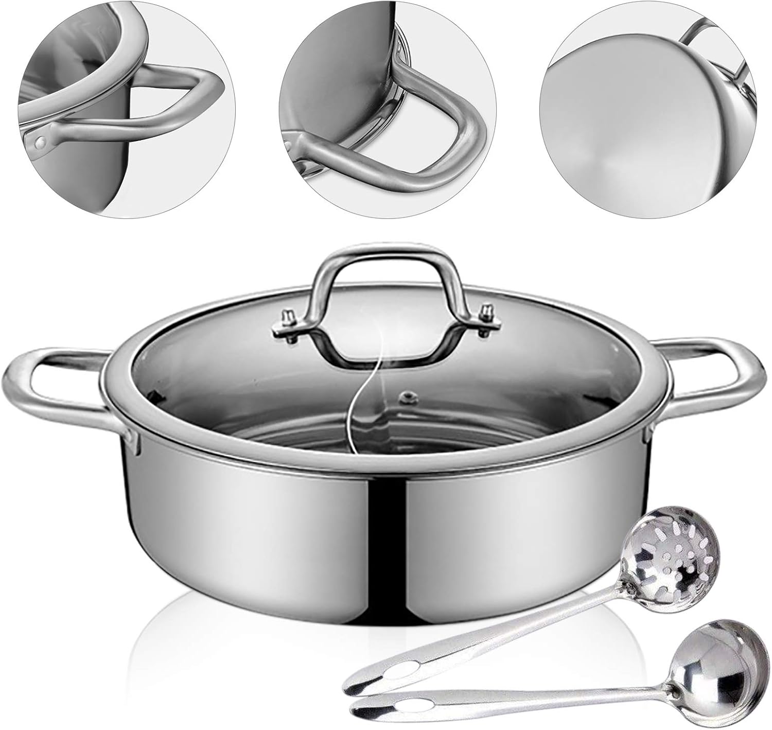 Olla caliente Shabu de doble cara, olla de acero inoxidable con divisor, olla dividida con 2 cucharones de sopa de alimentos y 1 tapa de vidrio