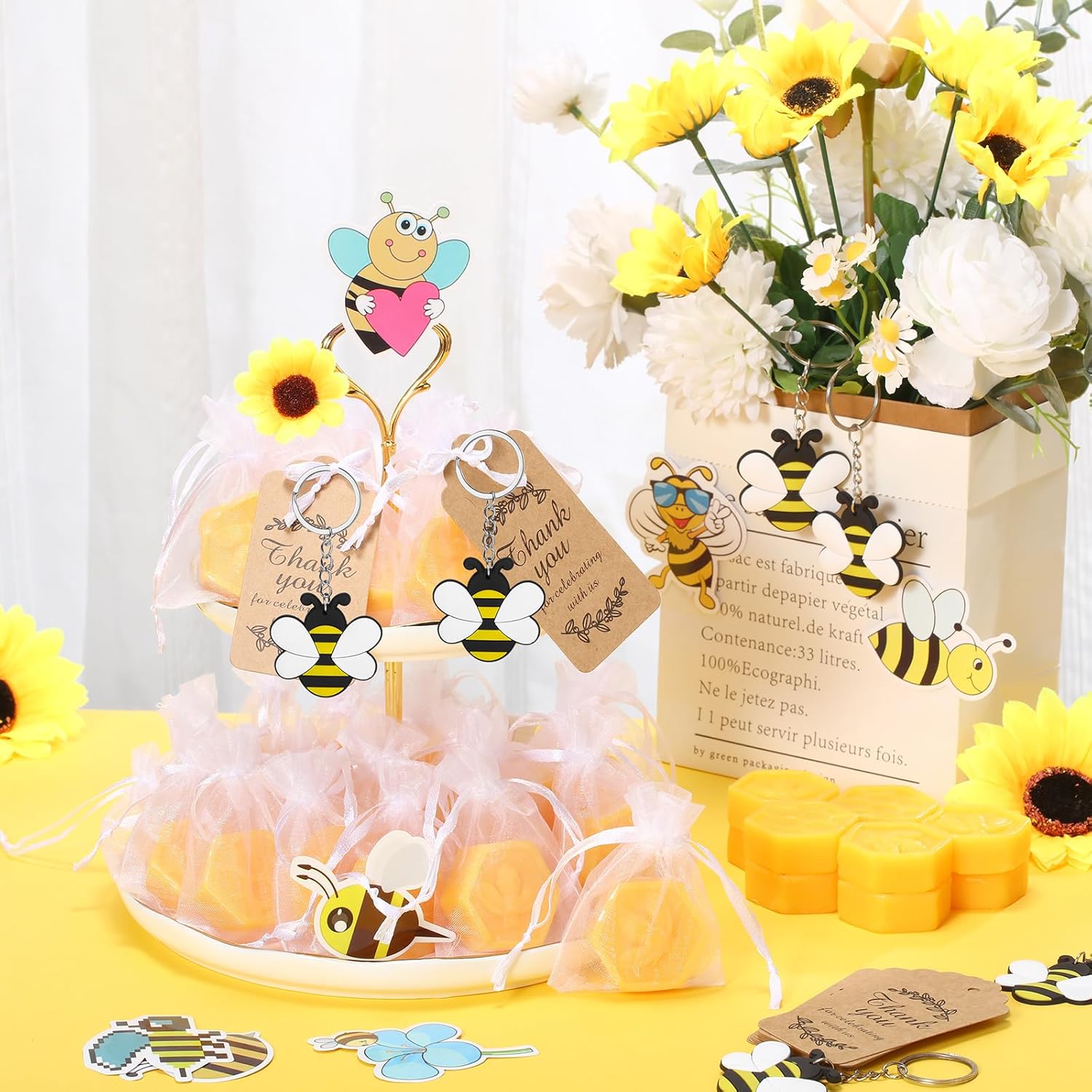 Dansib 50 juegos de jabón de abeja de panal con calcomanías para fiesta de verano, abeja, decoración de fiesta de cumpleaños, novia, boda,