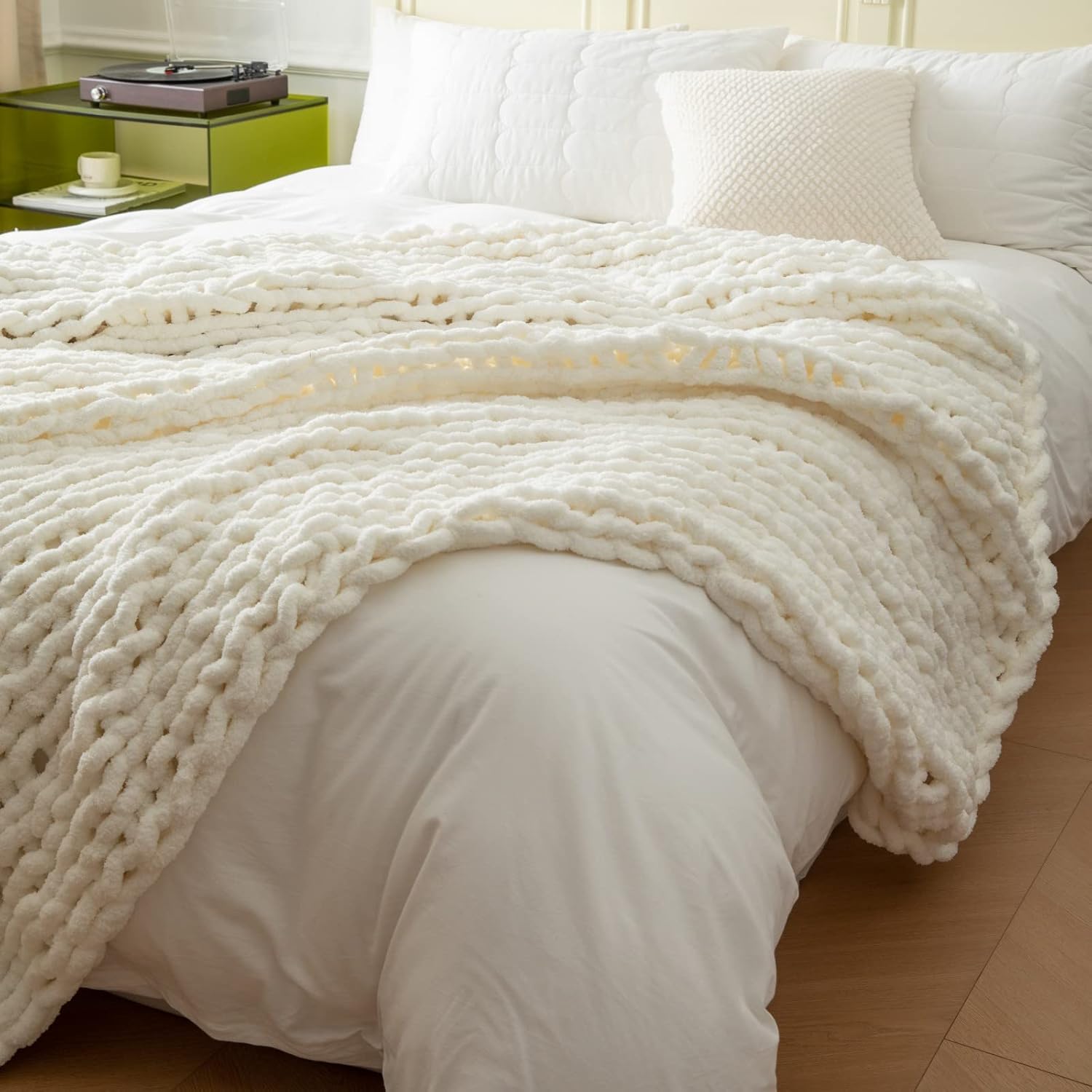 Manta de punto grueso, manta de punto para sofá o cama, manta suave y esponjosa con hilo de felpilla jumbo grueso, 100% hecha a mano (blanco crema,