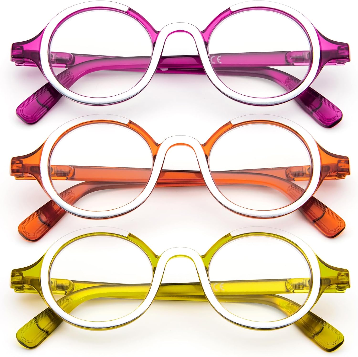 KoKoBin Paquete de 3 lentes de lectura redondos pequeños, cómodos lectores, marco elegante de colores para mujeres y hombres