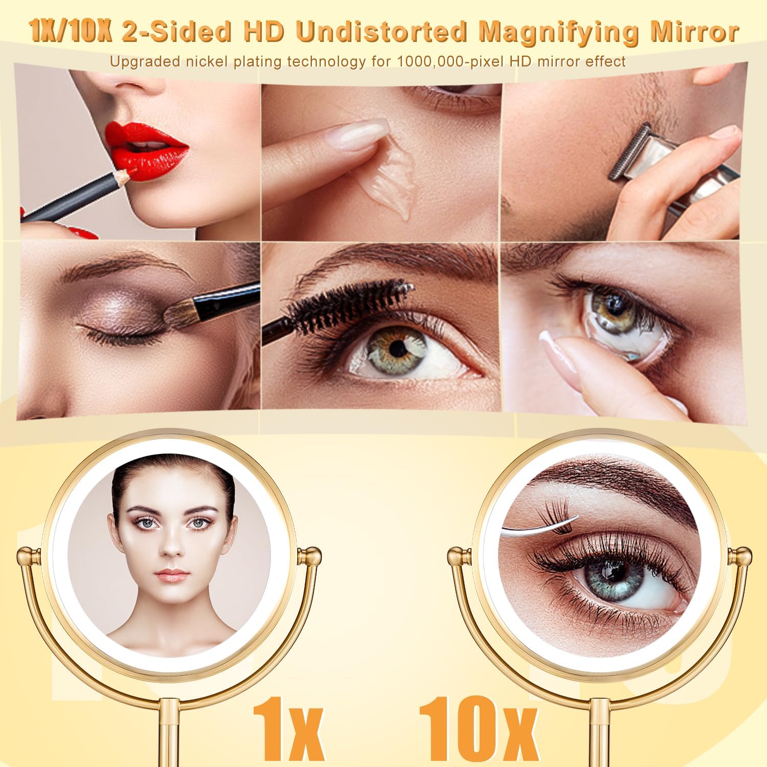 Espejo de maquillaje grande con luz dorada de 8.5 pulgadas, 1X10X HD sin distorsión, espejo de tocador con aumento sin distorsión de 3 colores, 60