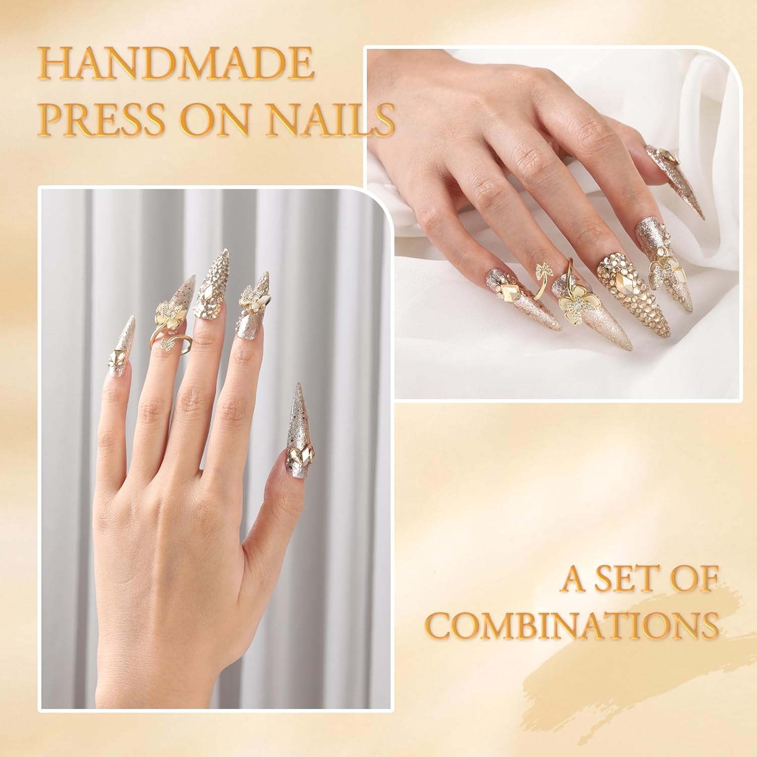 -Uñas largas a presión realmente hechas a mano, uñas postizas de lujo dorado estilo stiletto Y2k, uñas adhesivas con pegamento con diamantes de