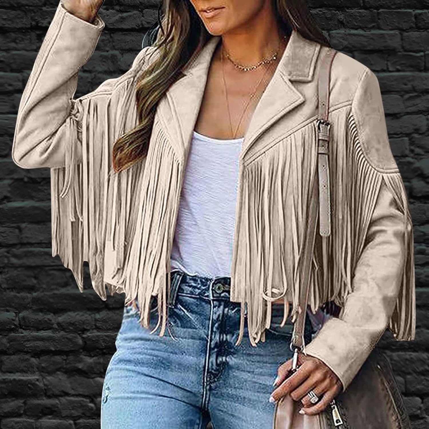 Chaquetas de cuero de gamuza sintética para mujer, a la moda, recortadas con borlas y flecos, chaqueta de manga larga con solapa para motocicleta