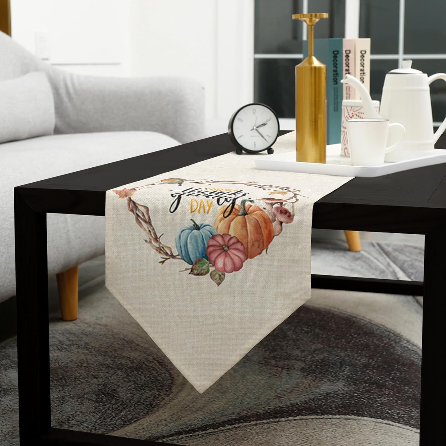 Camino de mesa para el día de Acción de Gracias, 13 x 36 pulgadas, pequeño mantel de lino y algodón, decoración de mesa de arpillera, bufandas de