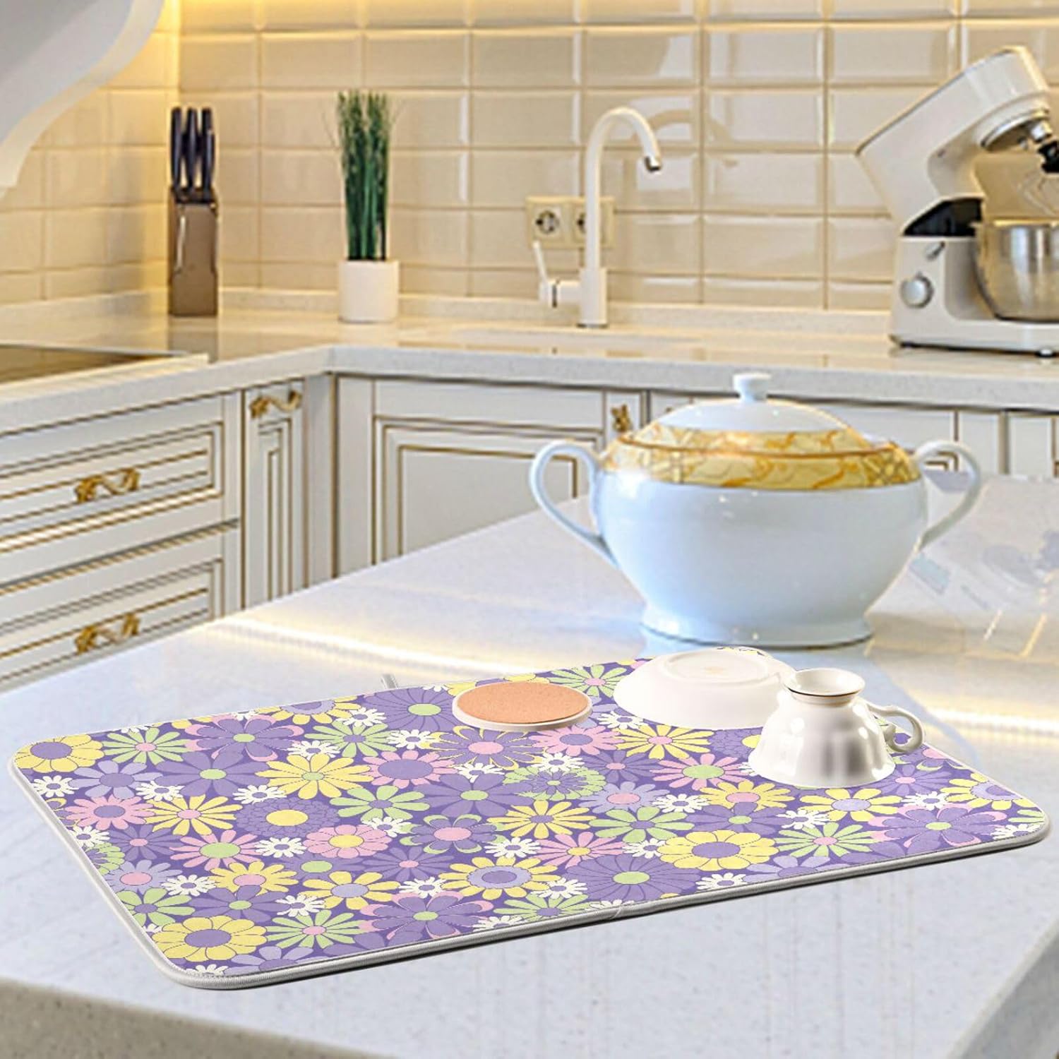 Colorful Flowers Painting Dish Mat Washnable Absorbent Kitchen Countertop Decor Countertop Protector Heat Resistant Tapete Para Cocina 16” x 18”