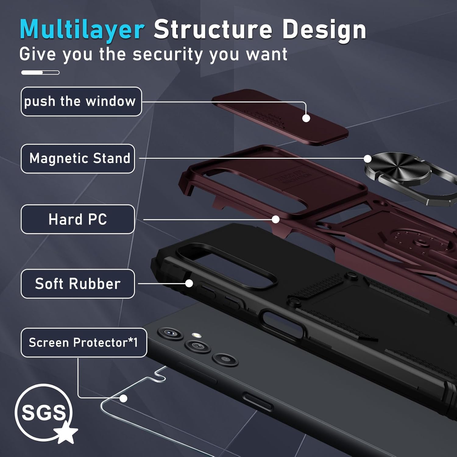 Janmitta Funda para Samsung Galaxy A14 5G integrada, cubierta deslizante para lente de cámara y protector de pantalla, resistente a prueba de