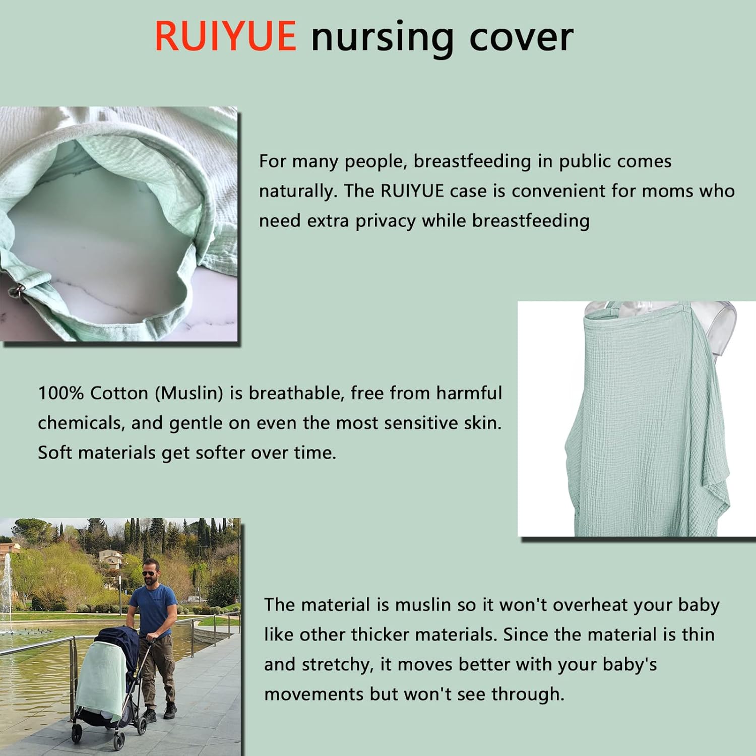 RUIYUE Funda de lactancia de muselina transpirable  100% algodón  Cobertura completa para lactancia materna del bebé  Delantal multiusos y toldo