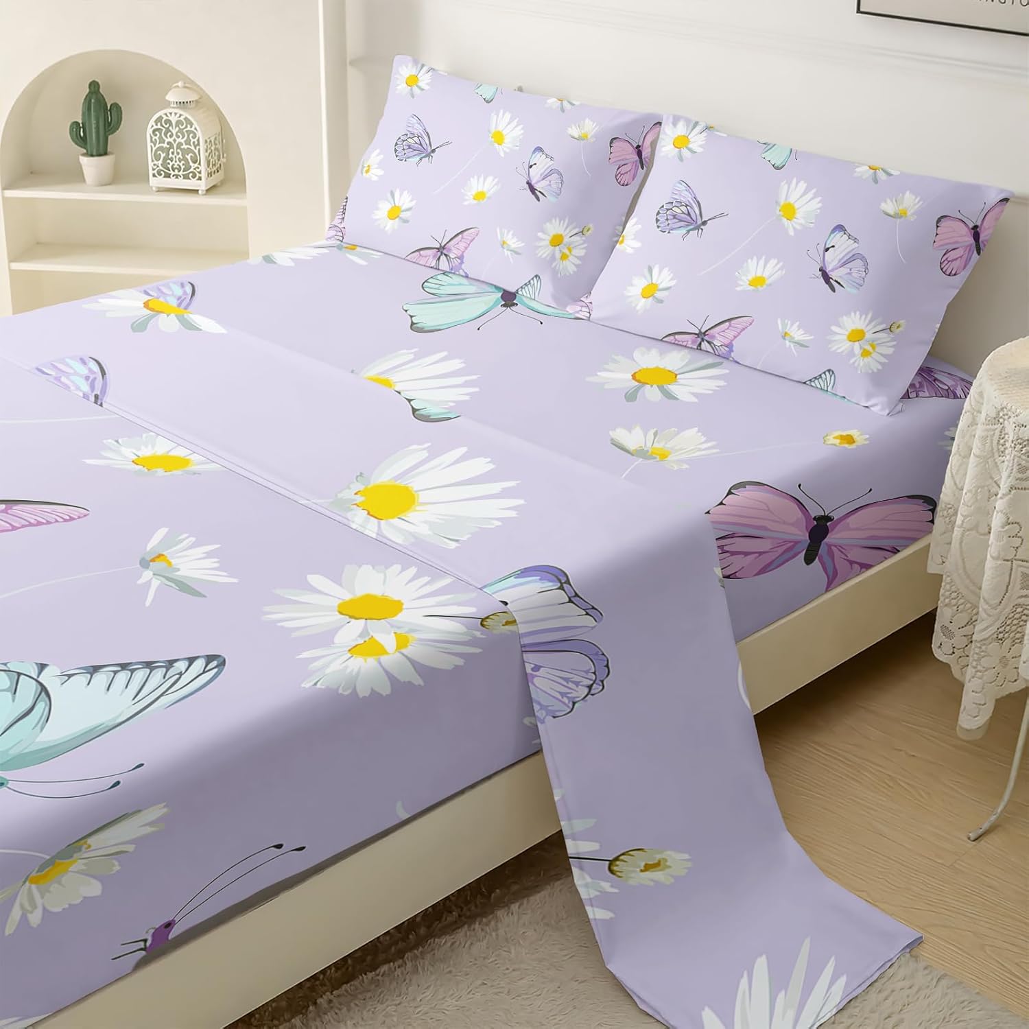 QOOMO Juego de sábanas de mariposa morada, diseño de margaritas para niños, de bolsillo profundo de 16 pulgadas, juego de sábanas de 4 piezas para
