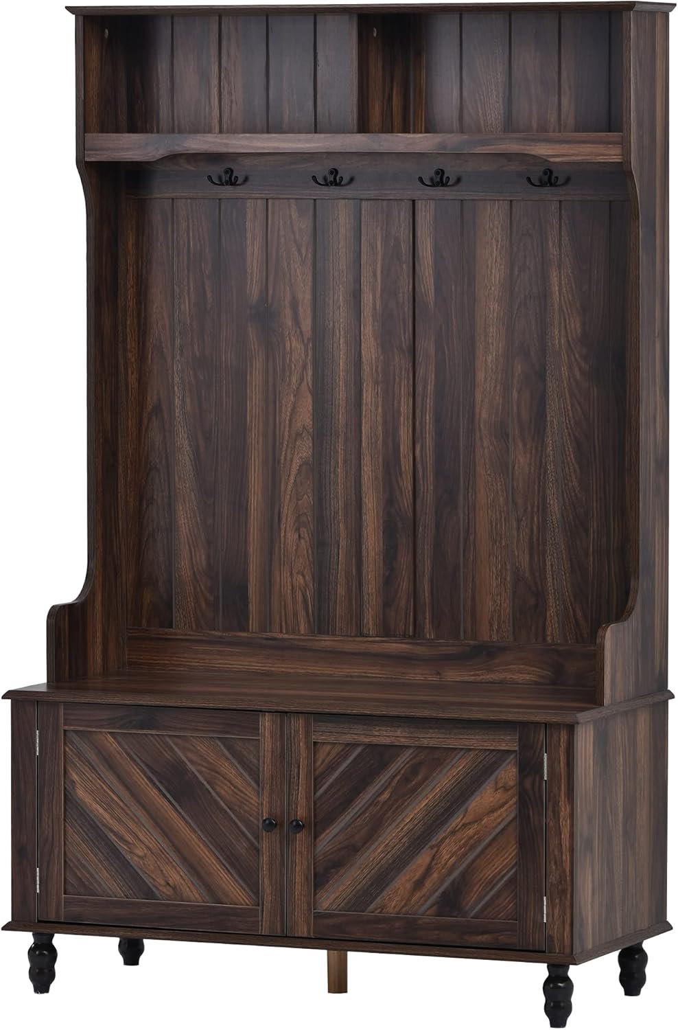 Moderno árbol de pasillo con 4 ganchos, perchero de entrada de madera, banco de almacenamiento integrado con dos estantes superiores de