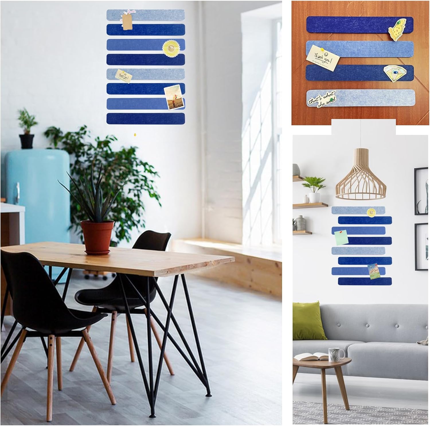 8 tiras de fieltro azul para tablón de anuncios, tiras autoadhesivas para tablón de anuncios, tableros de corcho para paredes con 35 alfileres, para