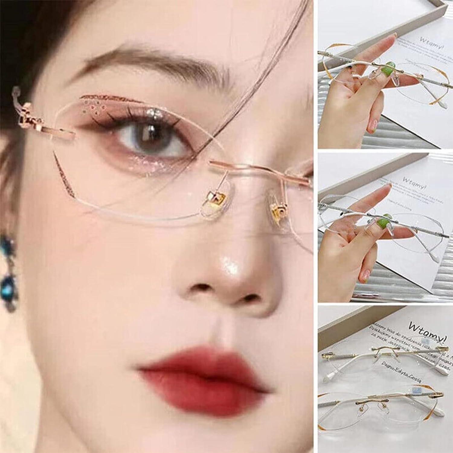 FACECOI Gafas de presbicia de luz anti-azul sin montura de diamante para mujer, gafas de lectura sin montura de luz azul de moda
