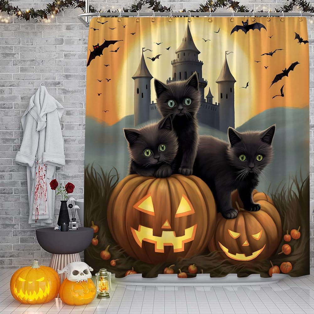 Cortina de ducha espeluznante de Halloween, gato negro, naranja, calabaza, farol, murciélago, luna llena, castillo gótico, vintage, Halloween,