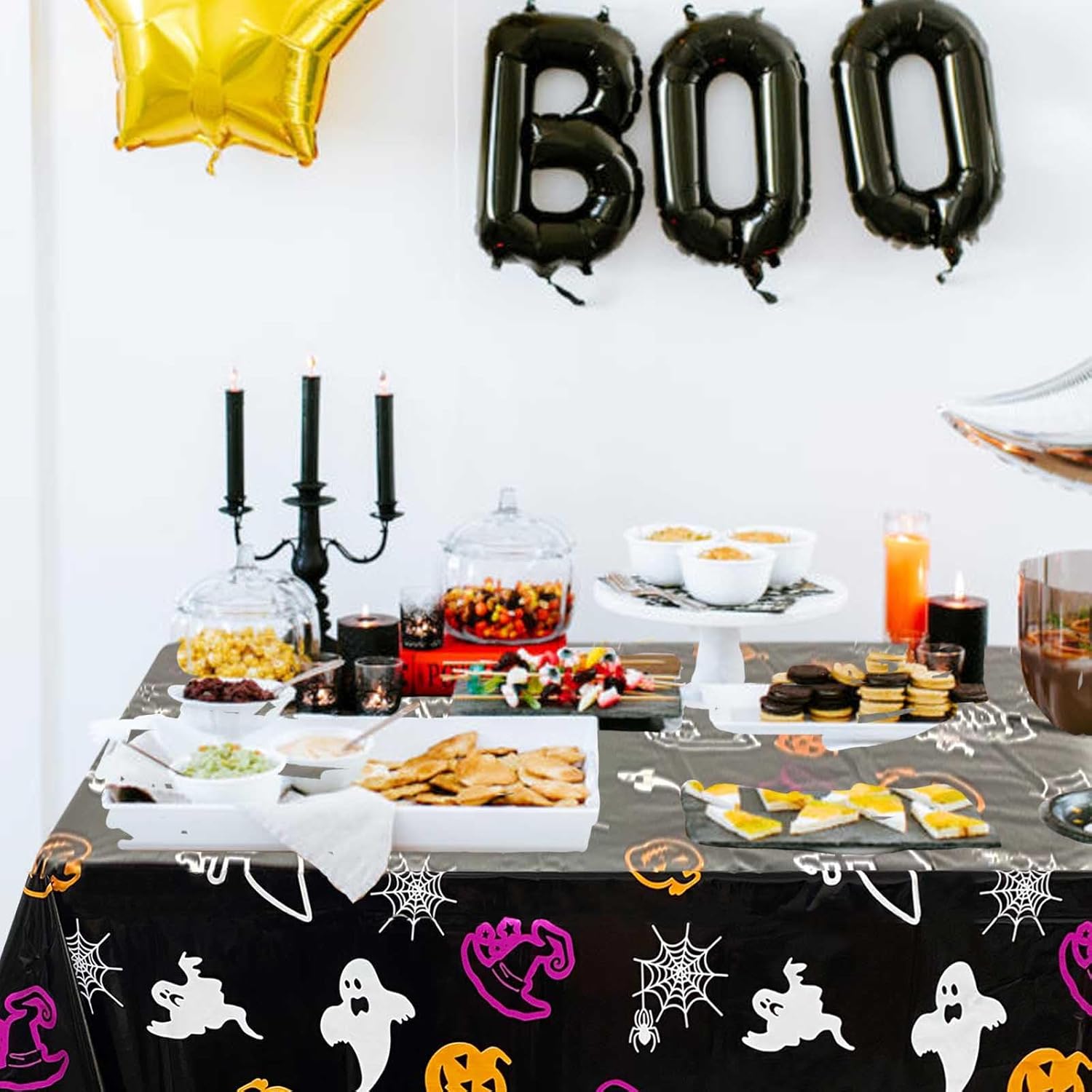Mantel de plástico de Halloween, funda desechable de tela de araña para decoración de mesa de casa encantada, mantel rectangular negro de Halloween,