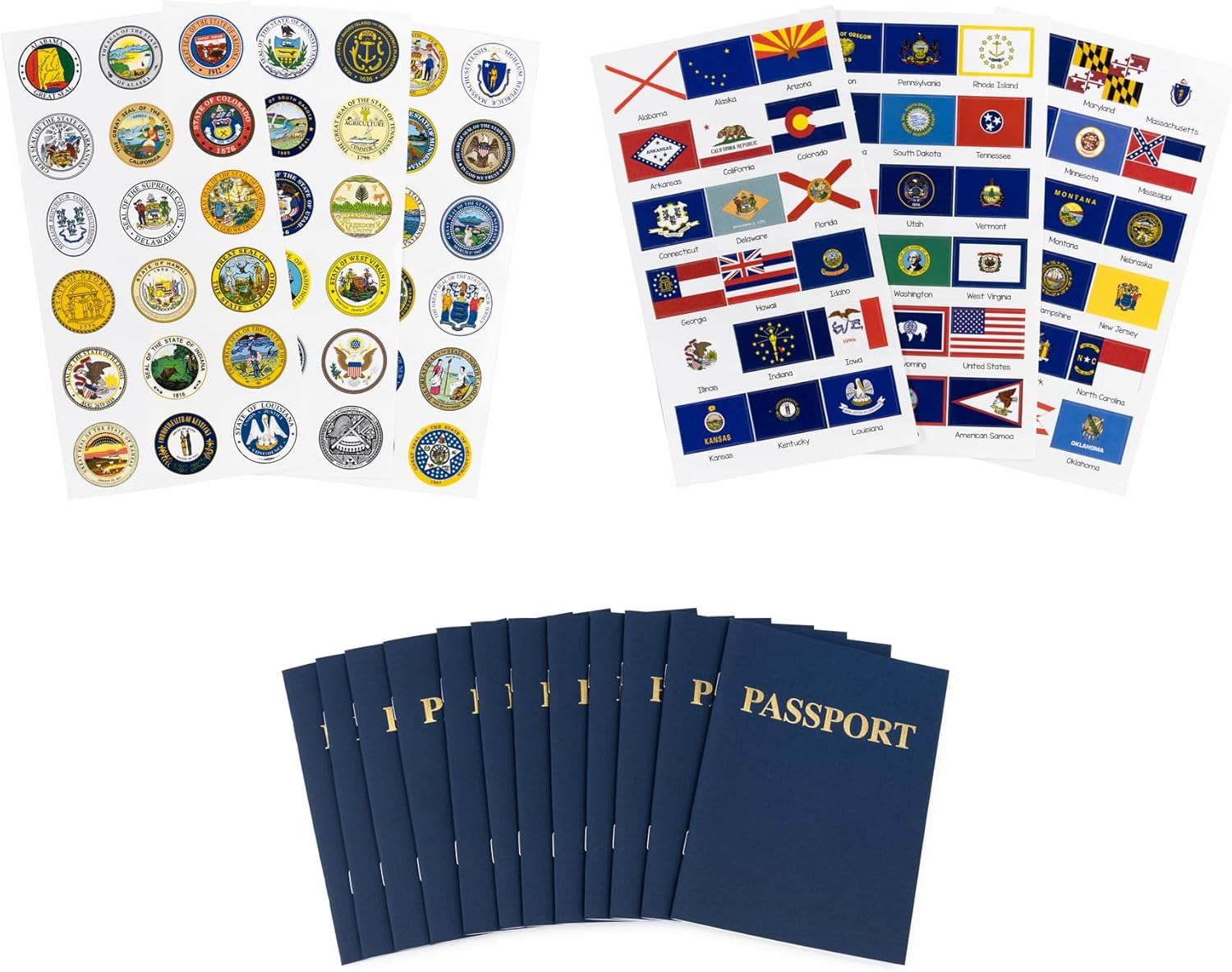 Hygloss Productos 10 libros de pasaporte en blanco con 108 banderas y sellos de Estados Unidos, para niños y profesores, incluye las 50 banderas y