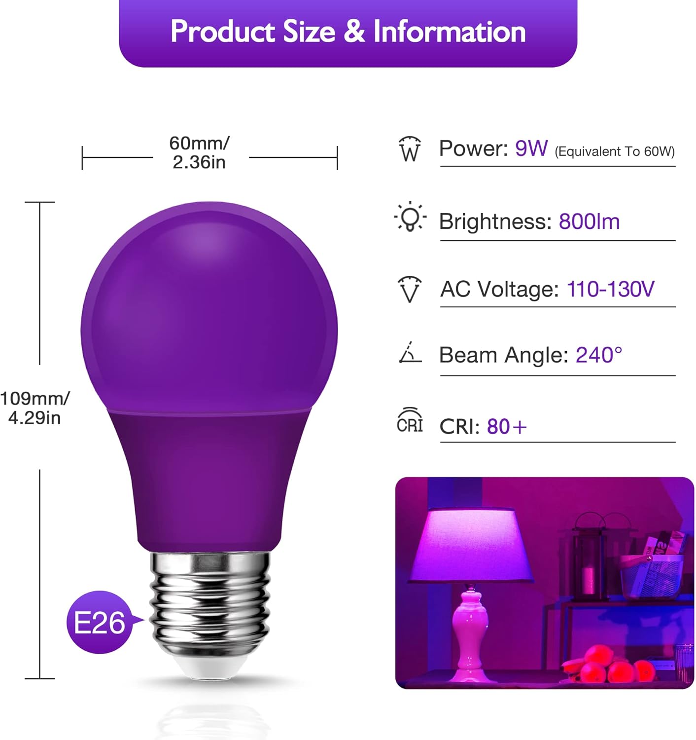 EvaStary Bombillas LED moradas, bombilla LED A19 negra de 9 W (equivalente a 60 W), base E26, luces moradas de colores, no regulables, para luces de