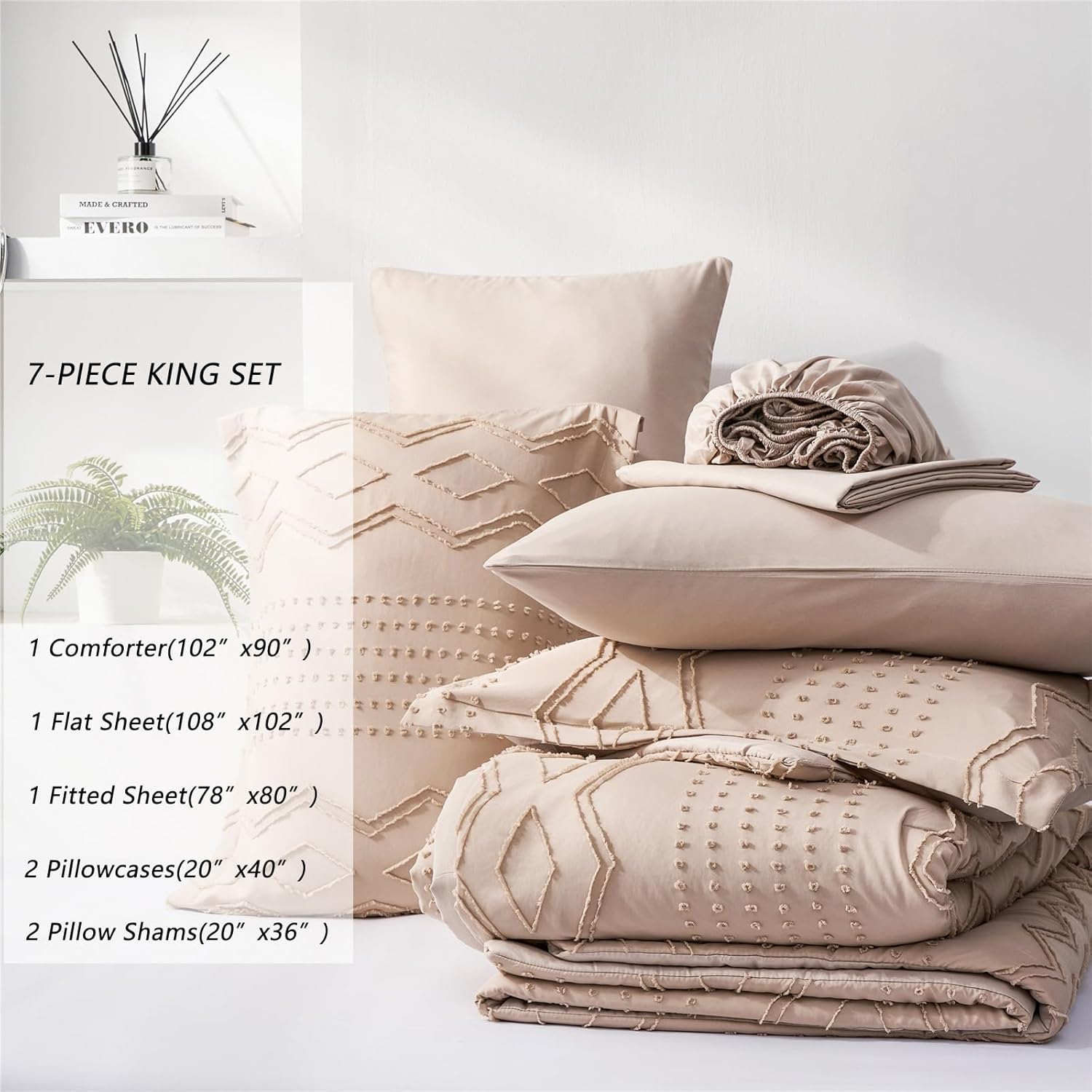 Juego de edredón tamaño King de 7 piezas de ropa de cama bohemia en una bolsa, juego de ropa de cama con textura geométrica, juego de ropa de cama