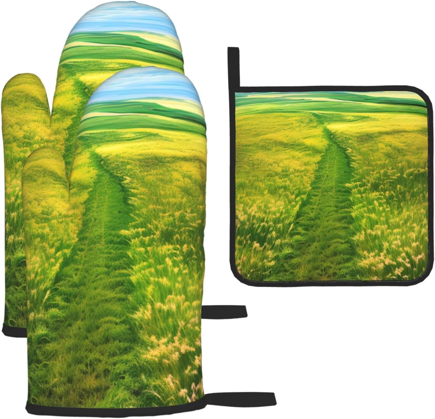 Grassland Paths Anti-Scald Gloves and Pot Holders 3-Piece Set for Kitchen Baking and Grilling Christmas Mother’s Day Housewarming Gift