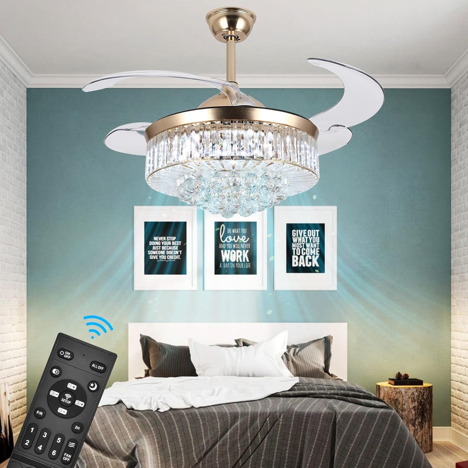 Ventilador de techo de cristal de 42 pulgadas con luces y control remoto, kit de luz LED invisible con cuchillas retráctiles para sala de estar y