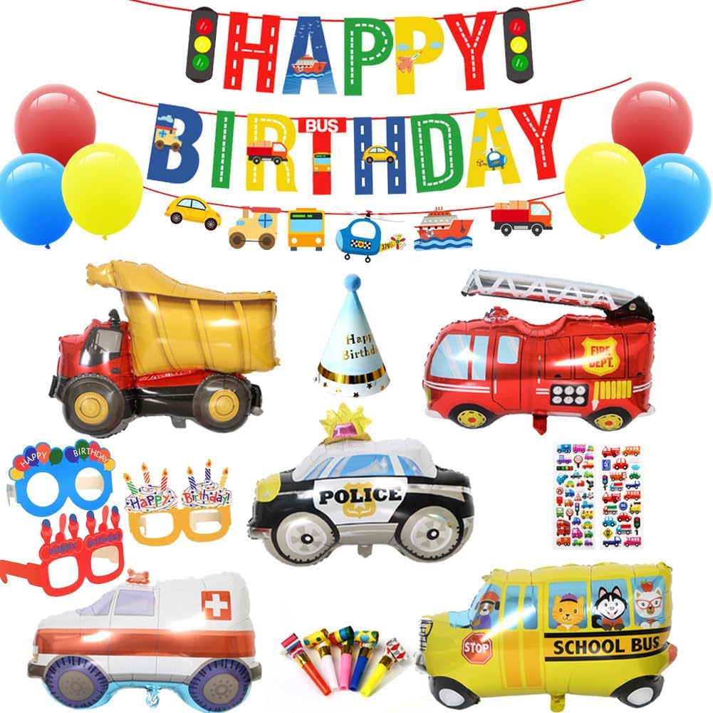 Suministros de fiesta de automóvil decoraciones de cumpleaños para niños, contiene una pancarta de tráfico, un sombrero, 2 calcomanías, 3 gafas, 5