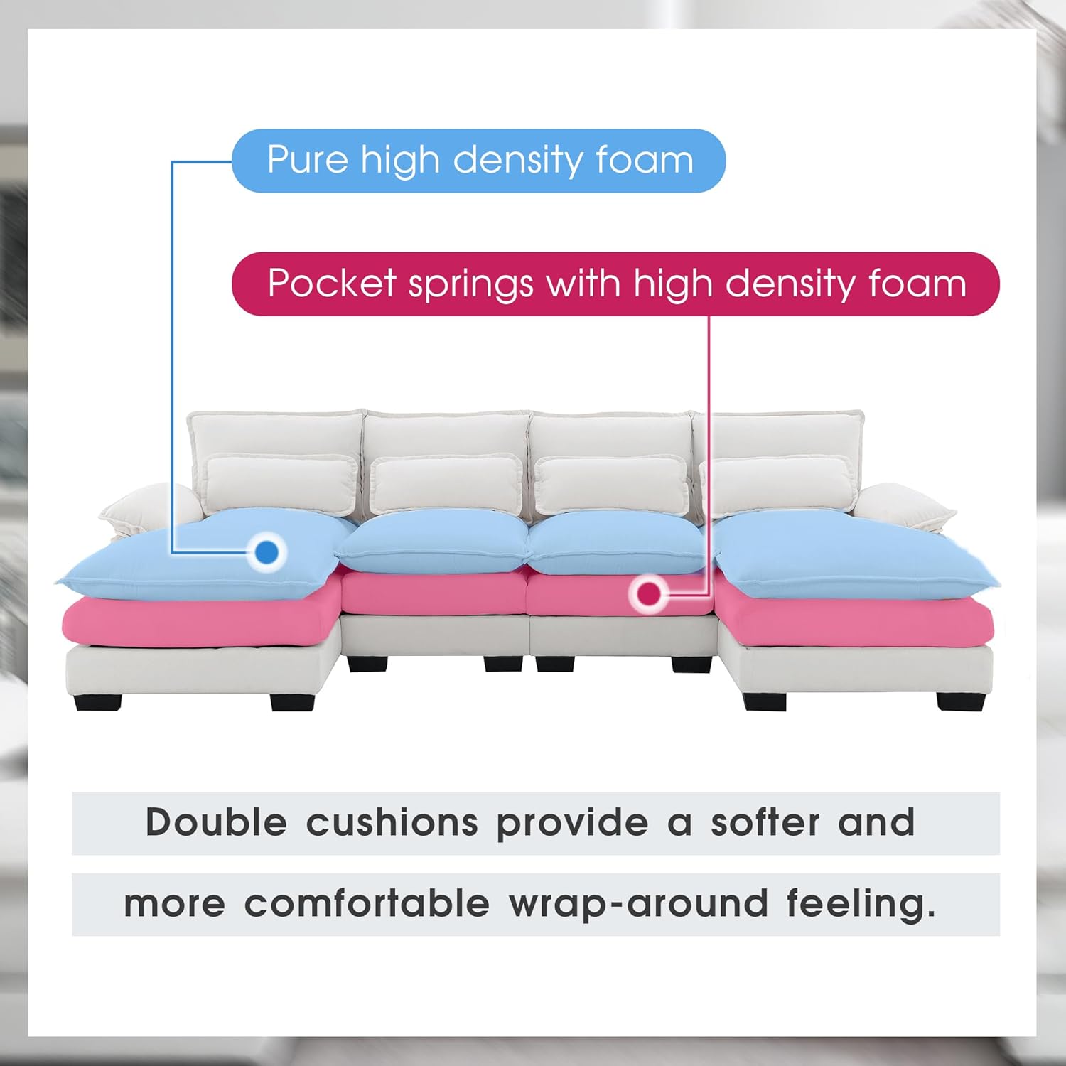 Sofá modular moderno en forma de U de 109.8 pulgadas con almohadas para la cintura, sofá cama tapizado de terciopelo de 6 asientos con diván, sofá