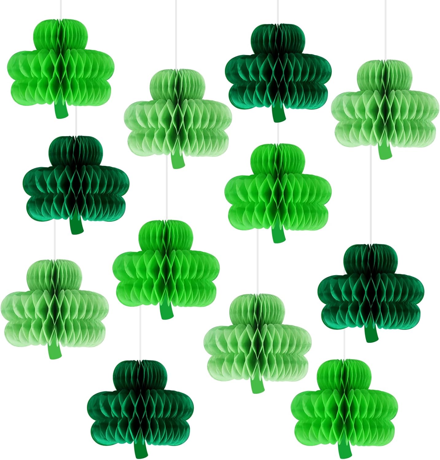 12 bolas colgantes de panal del día de San Patricio, centros de mesa de trébol para mesas, letrero colgante de techo irlandés de la suerte para