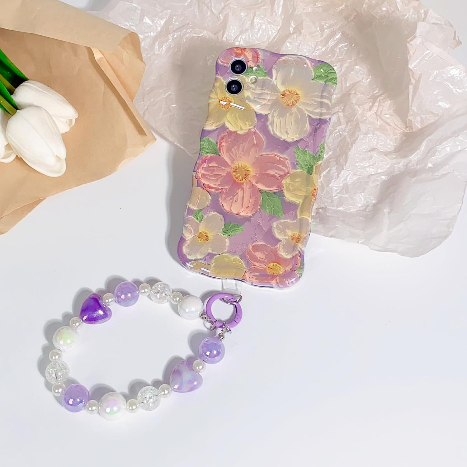 NITITOP Funda compatible con iPhone 11, bonita funda de pulsera de flores de aceite moradas con bonita correa de muñeca con cordón de flores para