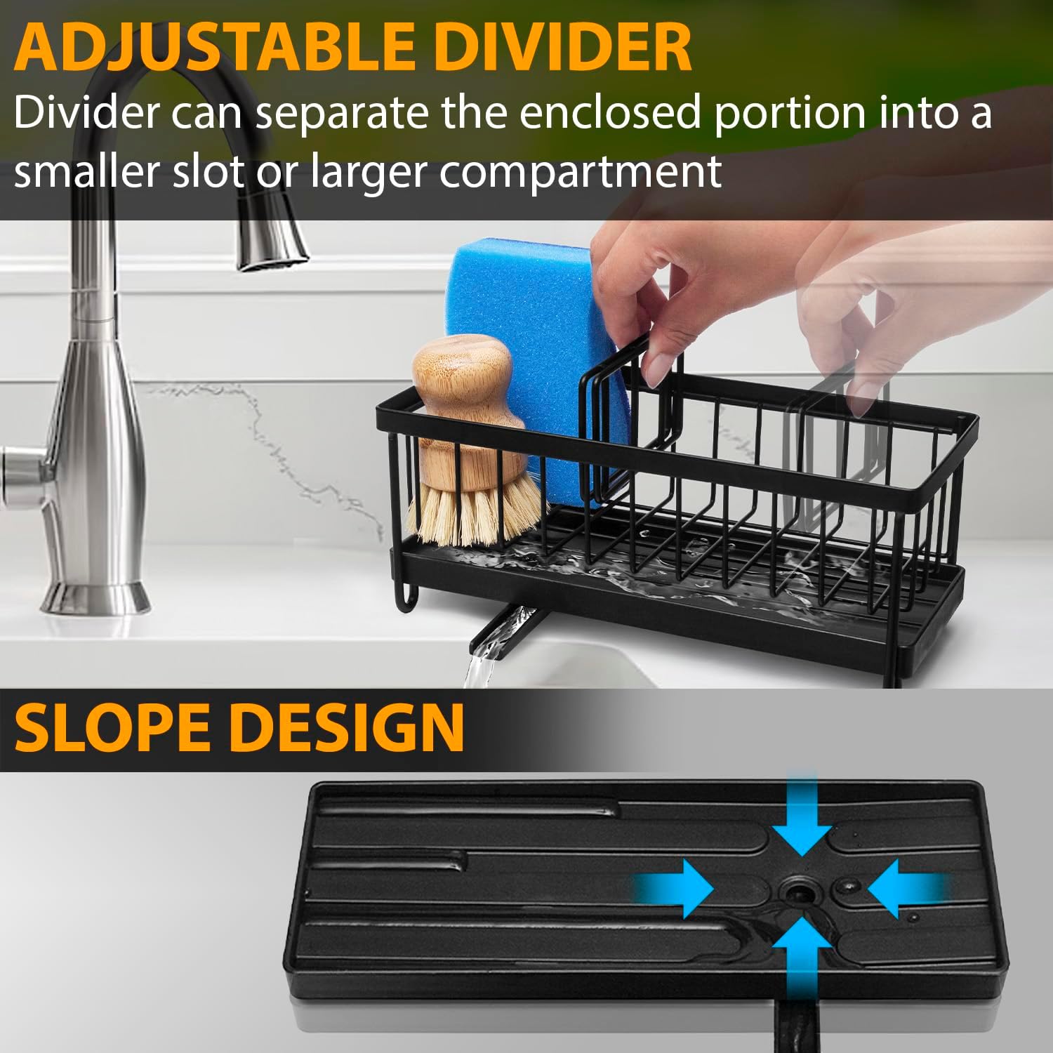 KSEV Organizador de fregadero con bandeja de drenaje ajustable con boquilla automática (acero inoxidable inoxidable), organizador de fregadero de