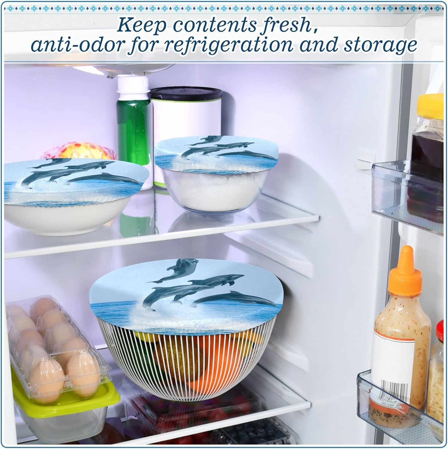 Sea Dolphins – 5 tapas elásticas de tela reutilizables para tazones, tazas, platos, ollas y sartenes