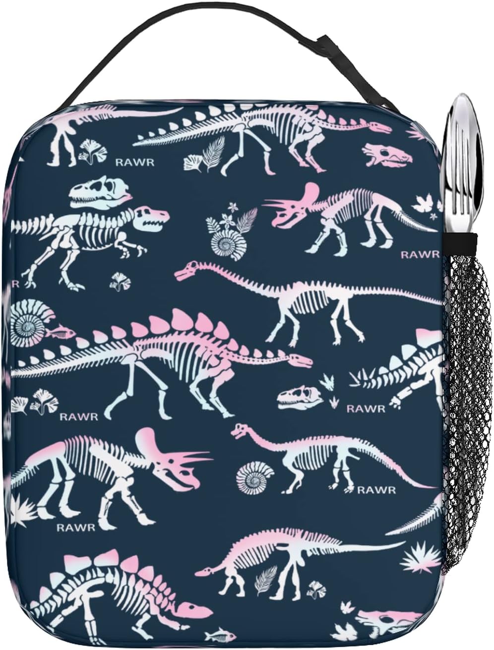 Lonchera con diseño de esqueleto de dinosaurios, huesos de dinosaurio degradado rosa y blanco, reutilizable, aislada, con correa para el hombro,