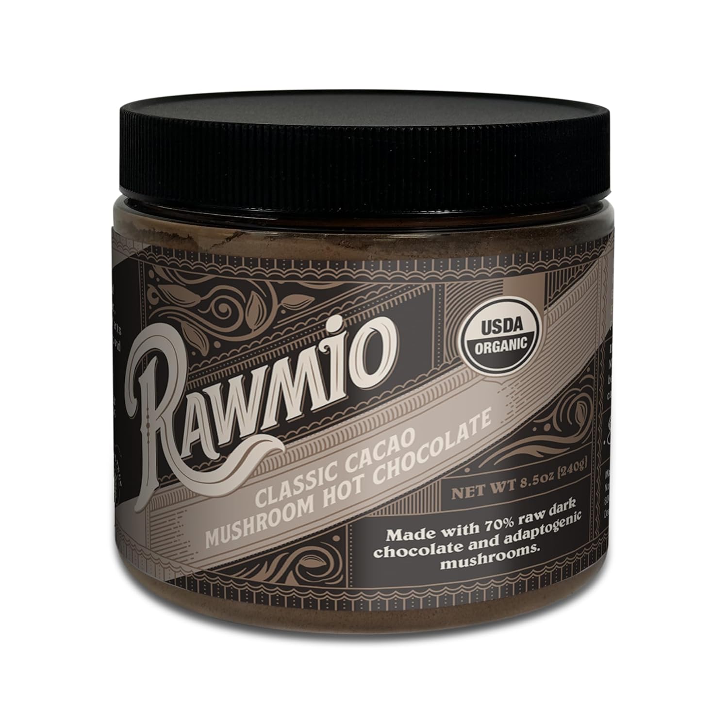 Rawmio Chocolate caliente orgánico clásico con champiñones y cacao, vegano, kosher, bajo en grasa y sin gluten, paquete de 1, 8.5 onzas