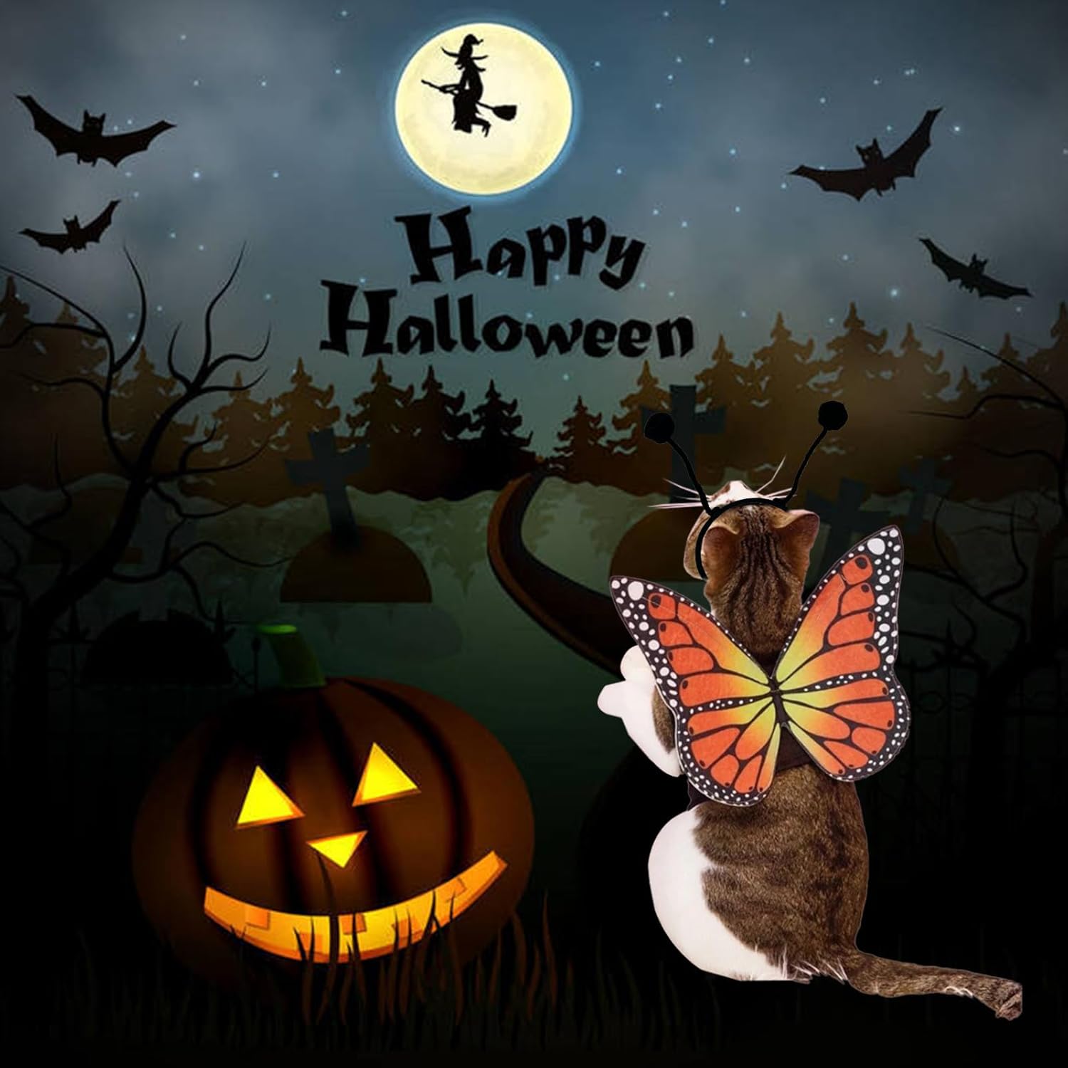 Alas de mariposa de gato, 2 piezas, disfraces para perros pequeños, divertidos diadema de antenas de alas de Halloween, disfraz de cosplay, ropa de