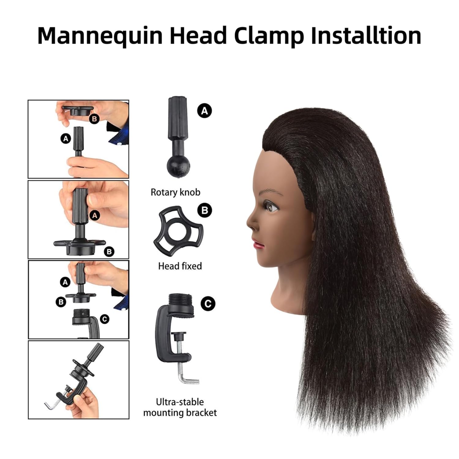WikNifo – Cabeza de maniquí de cabello 100% humano real con soporte para peluquería práctica maniquí cosmetología muñeca entrenamiento cabeza