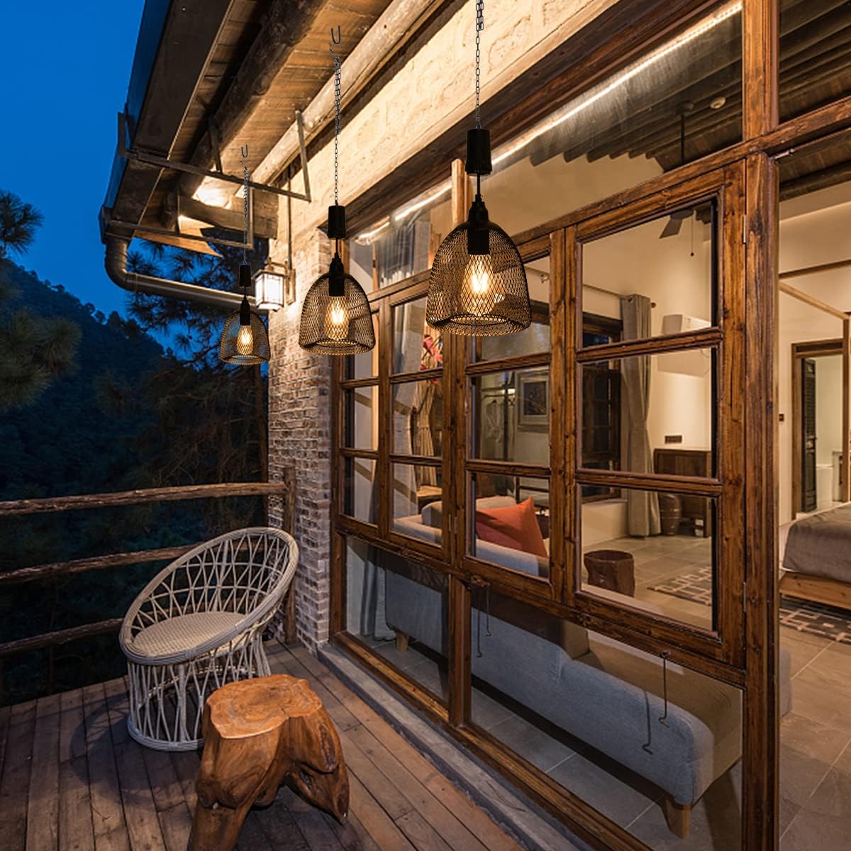Lámpara colgante con pilas, lámpara de decoración retro, lámpara de malla de metal negro, luces Edison con temporizador de 6 horas, lámpara colgante