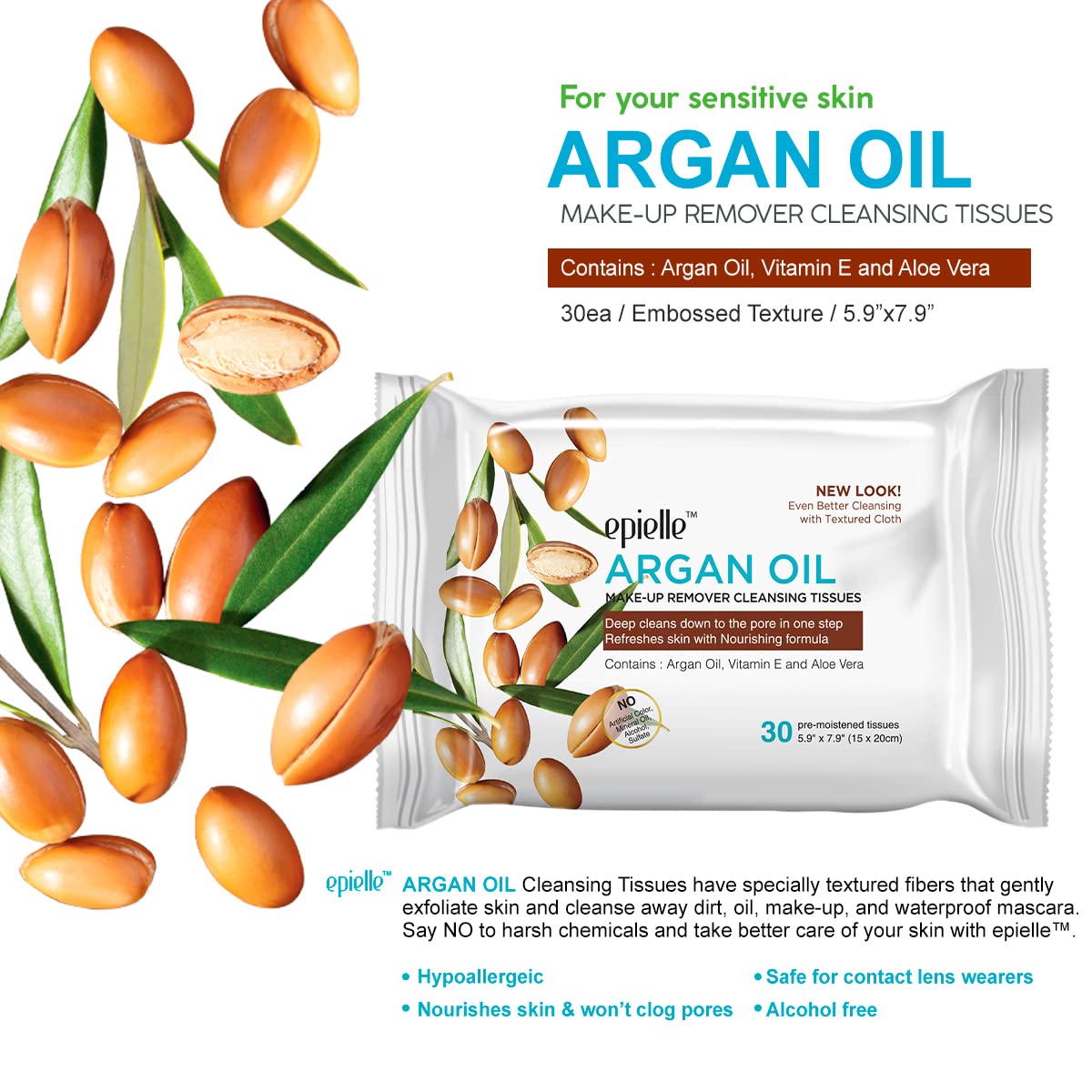 Epielle Toallitas limpiadoras de aceite de argán  30 unidades, paquete de 6  Toallitas faciales diarias suaves para todo tipo de piel  Elimina la